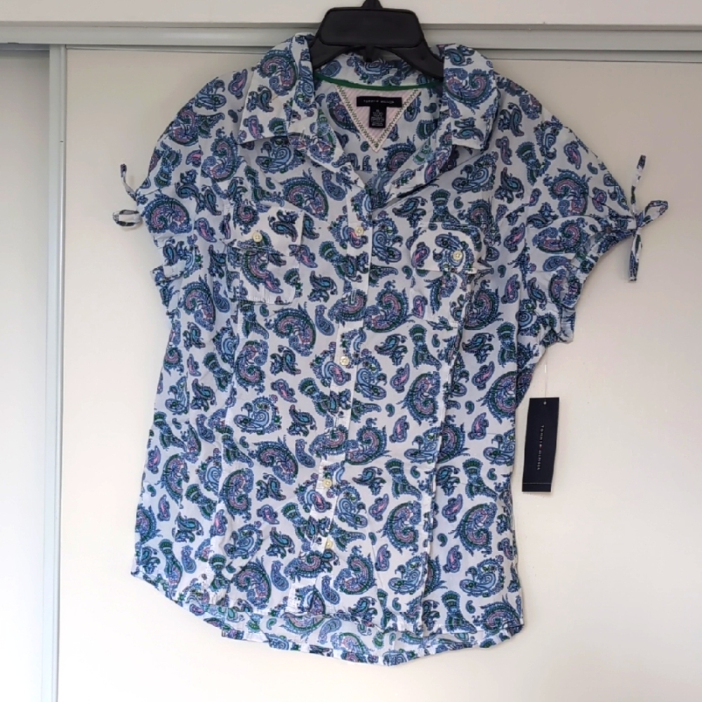 Tommy Hilfiger Blue and White Cuffed Sleeve Blouse, XL, NWT